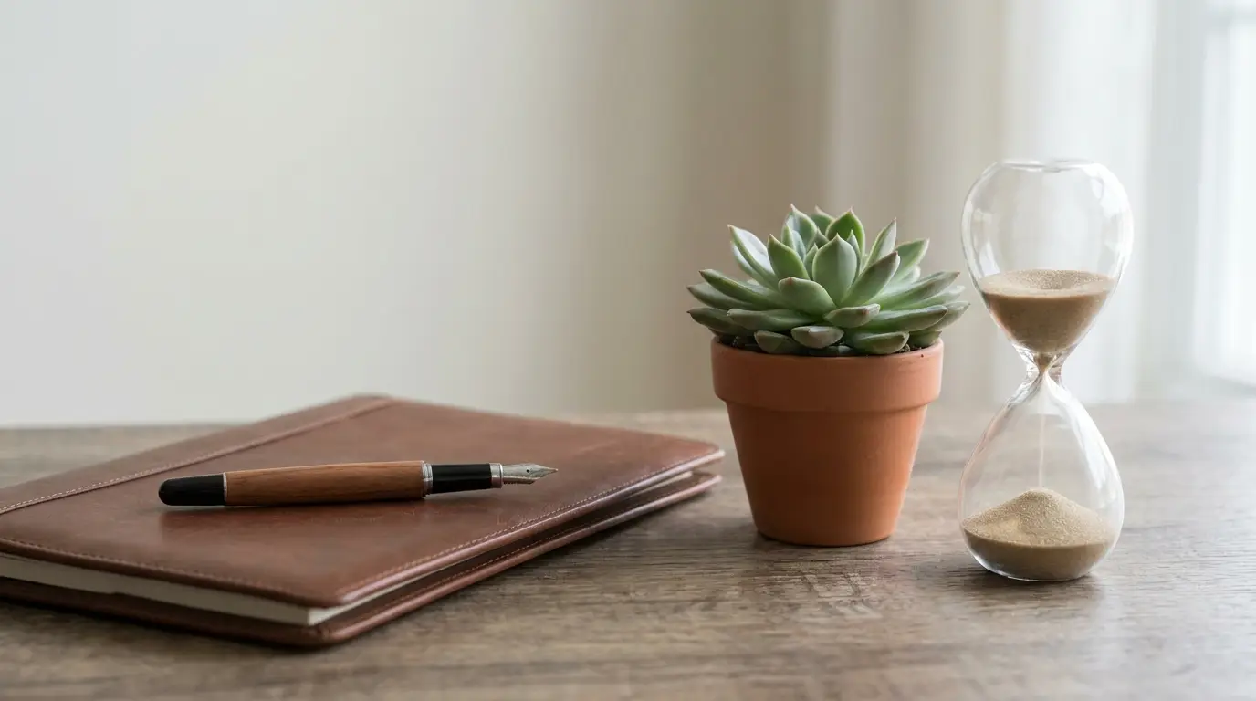 A calm desk still-life with a pen, succulent, and hourglass — the long-term commitment behind an annuity