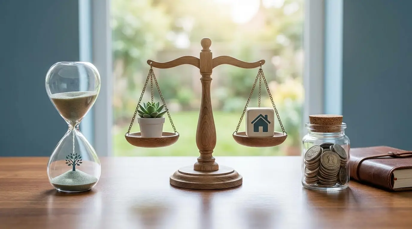 A balance scale, hourglass, and savings jar — weighing a fixed annuity against a bank CD