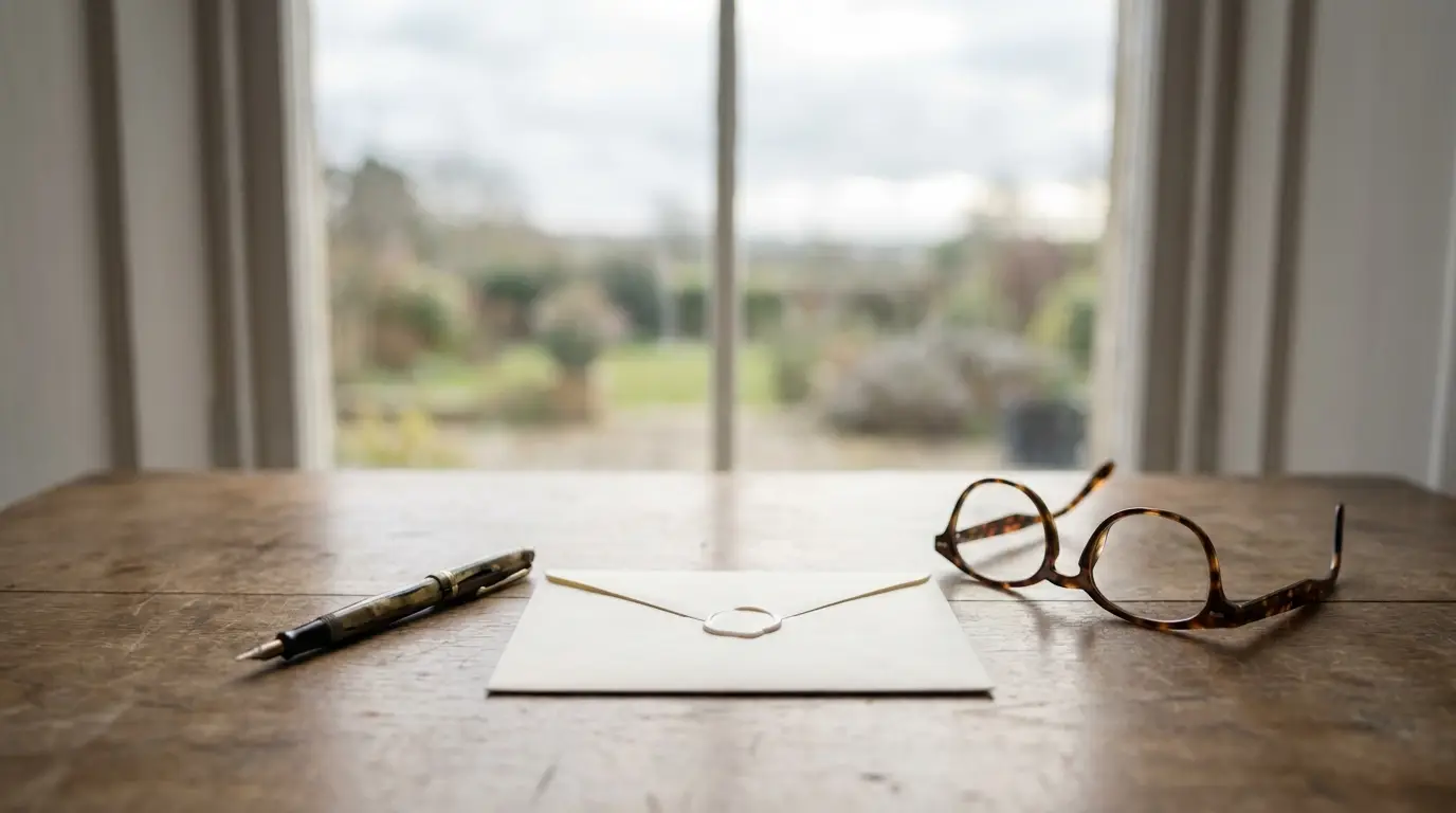 A calm desk with a pen and sealed envelope — careful life insurance beneficiary planning