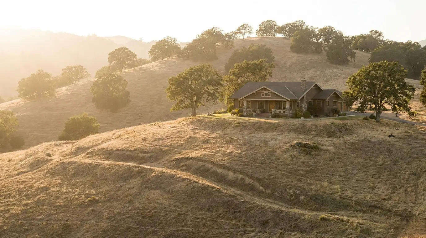 A California home in the golden oak hills — the setting for earthquake insurance decisions