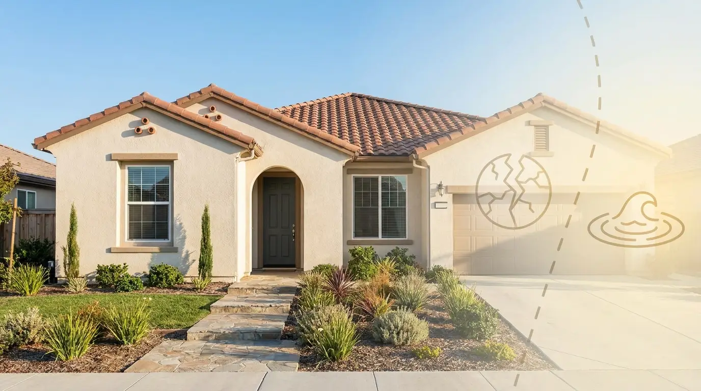 A California home with faint earthquake and flood icons — perils standard homeowners insurance excludes